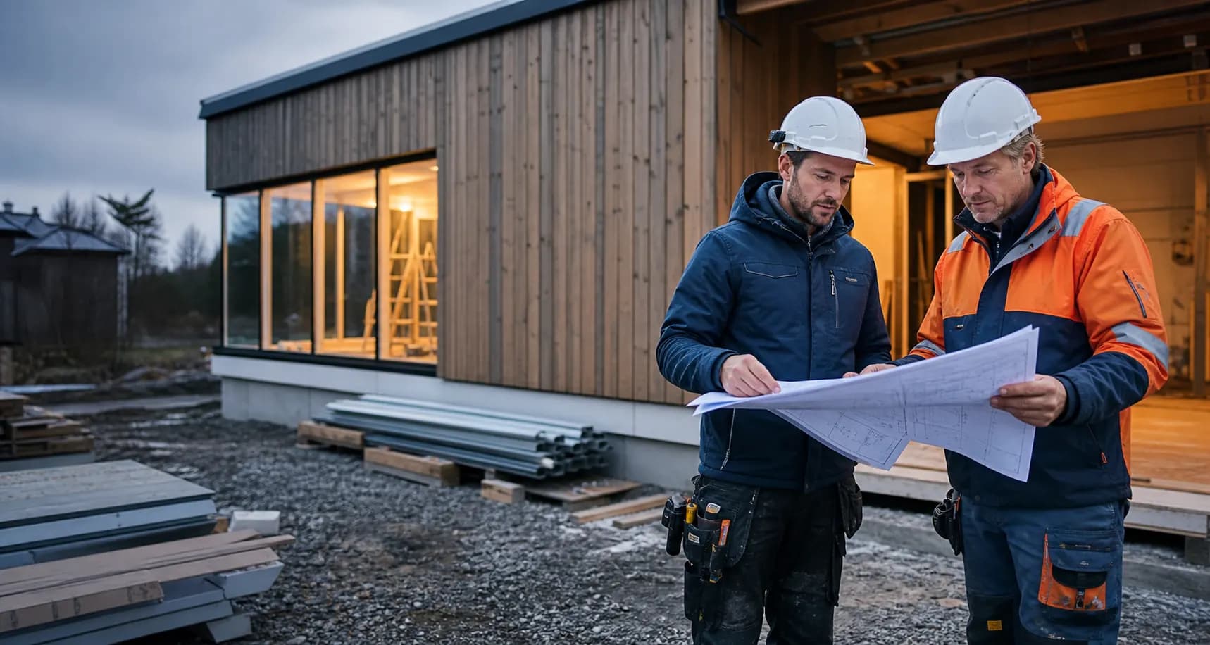 Byggfagfolk vurderer tegninger ved en norsk bolig